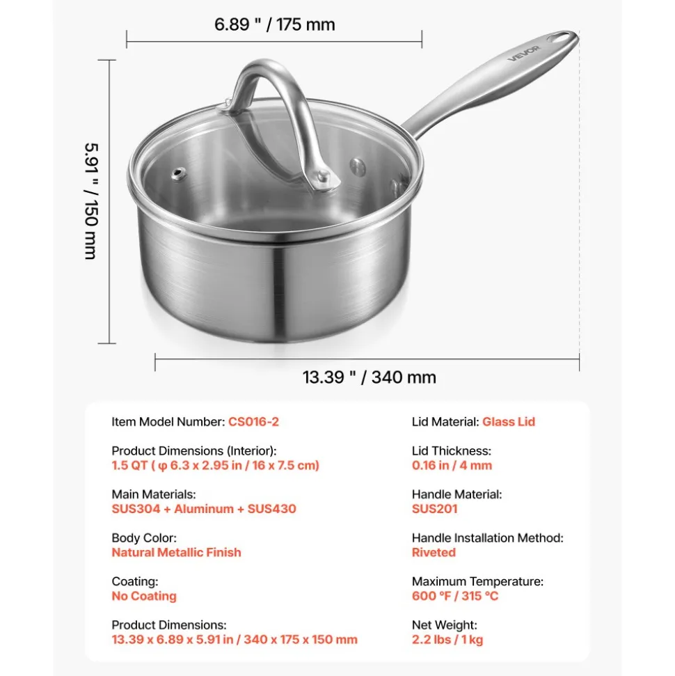 VEVOR 1.5 QT Saucepan, Stainless Steel Saucepan with Glass Lid, Multipurpose Nonstick Stainless Steel Small Cooking Sauce Pot with Ergonomic Handle, Friendly for Oven, Dishwasher, Induction Cooker