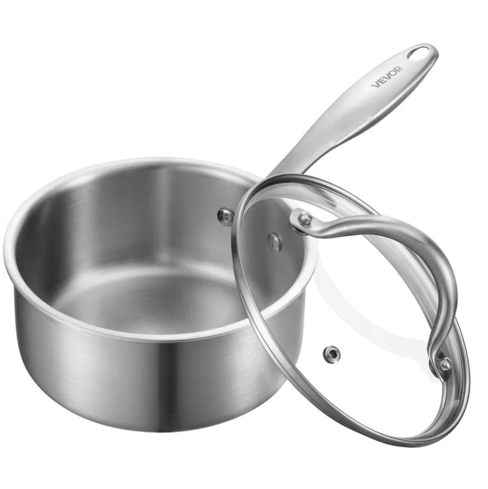 VEVOR 1.5 QT Saucepan, Stainless Steel Saucepan with Glass Lid, Multipurpose Nonstick Stainless Steel Small Cooking Sauce Pot with Ergonomic Handle, Friendly for Oven, Dishwasher, Induction Cooker