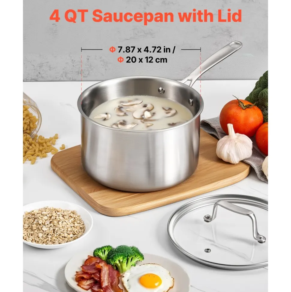 VEVOR 4 QT Saucepan, Stainless Steel Saucepan with Glass Lid, Multipurpose Nonstick Stainless Steel Small Cooking Sauce Pot with Ergonomic Handle, Friendly for Oven, Dishwasher, Induction Cooker