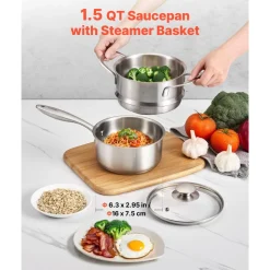 VEVOR 1.5 QT Saucepan with Steamer, Stainless Steel Saucepan with Glass Lid, Multipurpose Nonstick Stainless Steel Sauce Pot with Ergonomic Handle, Friendly for Oven, Dishwasher, Induction Cooker