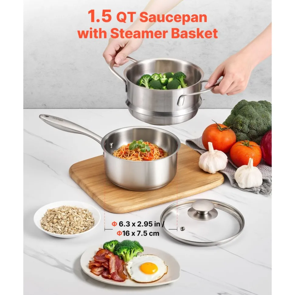 VEVOR 1.5 QT Saucepan with Steamer, Stainless Steel Saucepan with Glass Lid, Multipurpose Nonstick Stainless Steel Sauce Pot with Ergonomic Handle, Friendly for Oven, Dishwasher, Induction Cooker