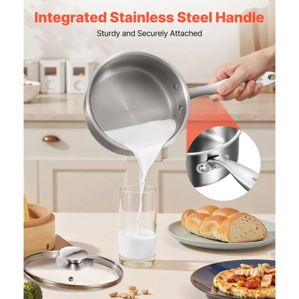 VEVOR 1.5 QT Saucepan with Steamer, Stainless Steel Saucepan with Glass Lid, Multipurpose Nonstick Stainless Steel Sauce Pot with Ergonomic Handle, Friendly for Oven, Dishwasher, Induction Cooker