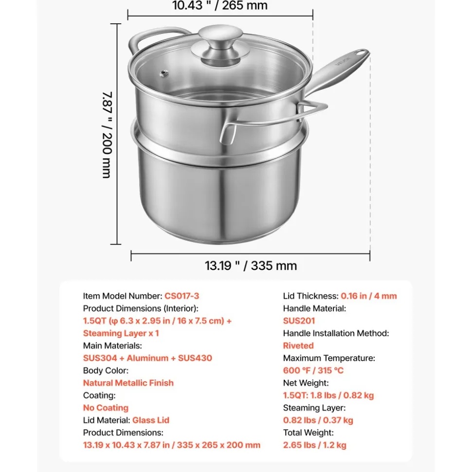 VEVOR 1.5 QT Saucepan with Steamer, Stainless Steel Saucepan with Glass Lid, Multipurpose Nonstick Stainless Steel Sauce Pot with Ergonomic Handle, Friendly for Oven, Dishwasher, Induction Cooker