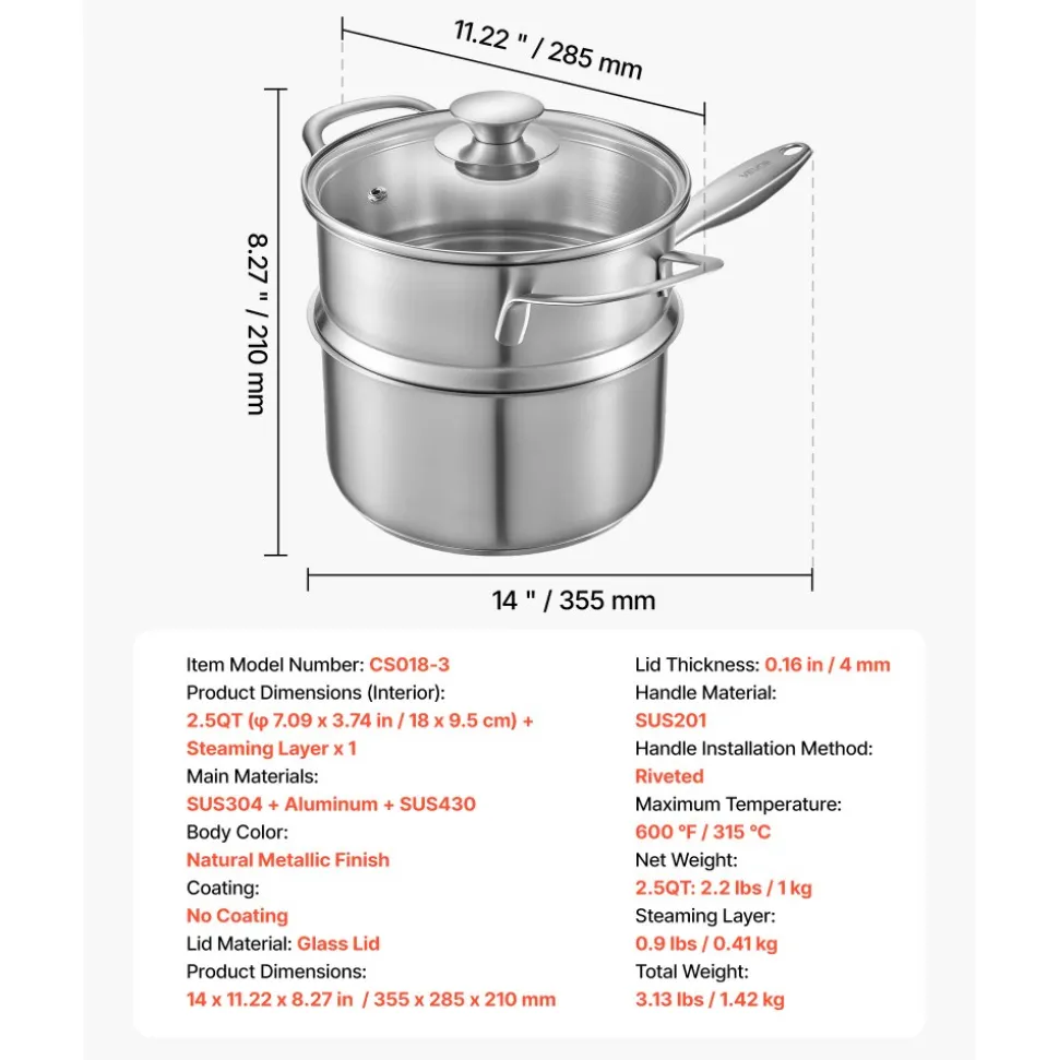 VEVOR 2.5 QT Saucepan with Steamer, Stainless Steel Saucepan with Glass Lid, Multipurpose Nonstick Stainless Steel Sauce Pot with Ergonomic Handle, Friendly for Oven, Dishwasher, Induction Cooker