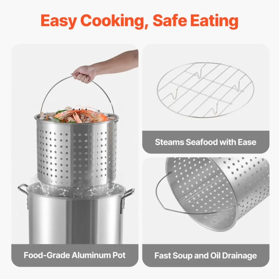 VEVOR 100 Qt Seafood Boiling Kit with Strainer, Outdoor Seafood Boil Pot and Basket, Cooking Set for Crab Crawfish Lobster Boiling, Aluminum Stockpot with 100,000 BTUs Propane Burner and Steamer Rack