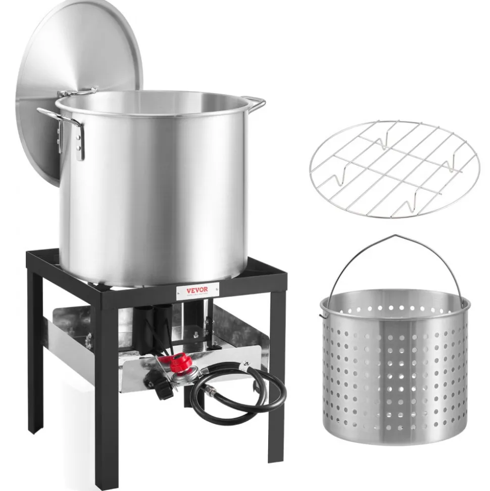 VEVOR 100 Qt Seafood Boiling Kit with Strainer, Outdoor Seafood Boil Pot and Basket, Cooking Set for Crab Crawfish Lobster Boiling, Aluminum Stockpot with 100,000 BTUs Propane Burner and Steamer Rack