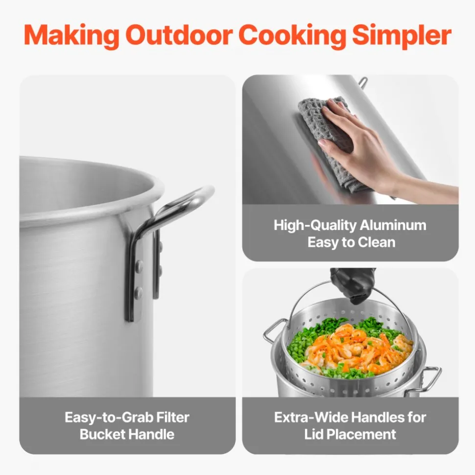 VEVOR 100 Qt Seafood Boiling Kit with Strainer, Outdoor Seafood Boil Pot and Basket, Cooking Set for Crab Crawfish Lobster Boiling, Aluminum Stockpot with 100,000 BTUs Propane Burner and Steamer Rack