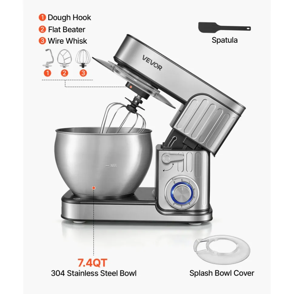 VEVOR 7.4 Qt Tilt Head Stand Mixer 500W Electric Dough Mixer, 6 Speeds with Pulse Food Kitchen Mixer with Stainless Steel Bowl, Splash Guard, Dough Hook, Whisk, Beater, for Baking Mixing