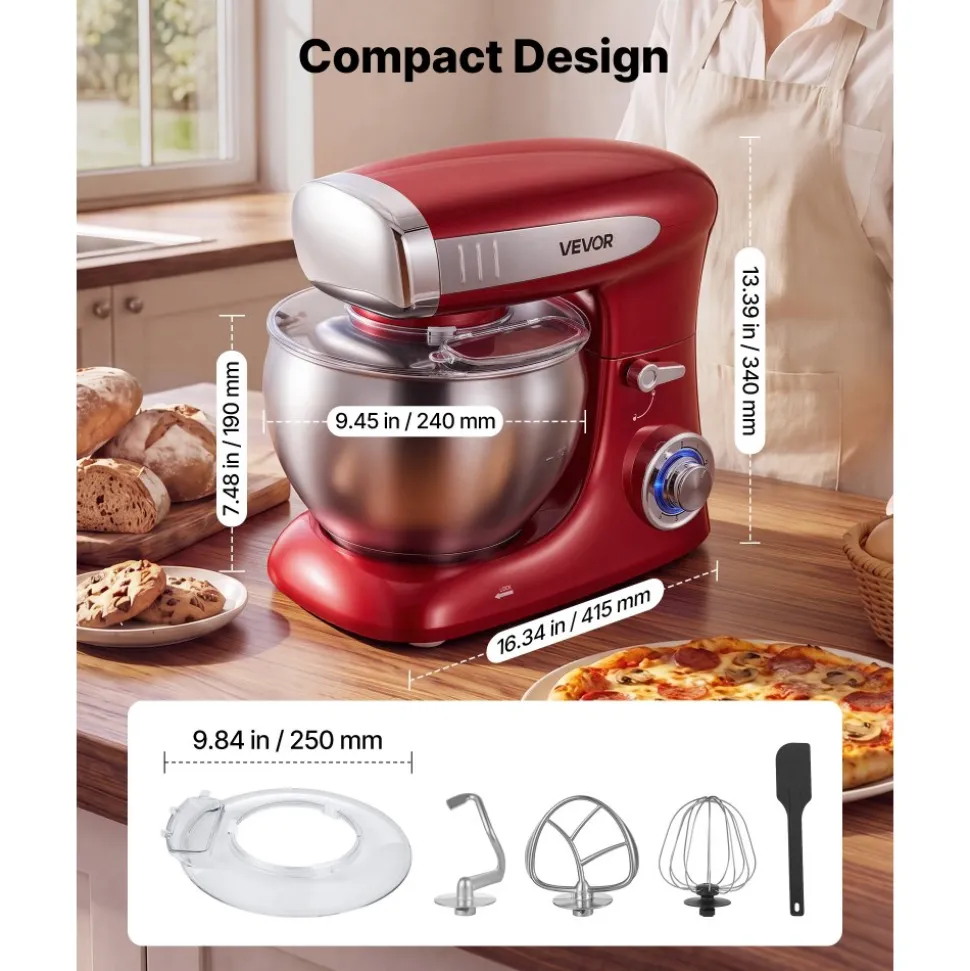 VEVOR 7.4 Qt Tilt Head Stand Mixer 500W Electric Dough Mixer, 6 Speeds with Pulse Food Kitchen Mixer with Stainless Steel Bowl, Splash Guard, Dough Hook, Whisk, Beater, for Baking Mixing