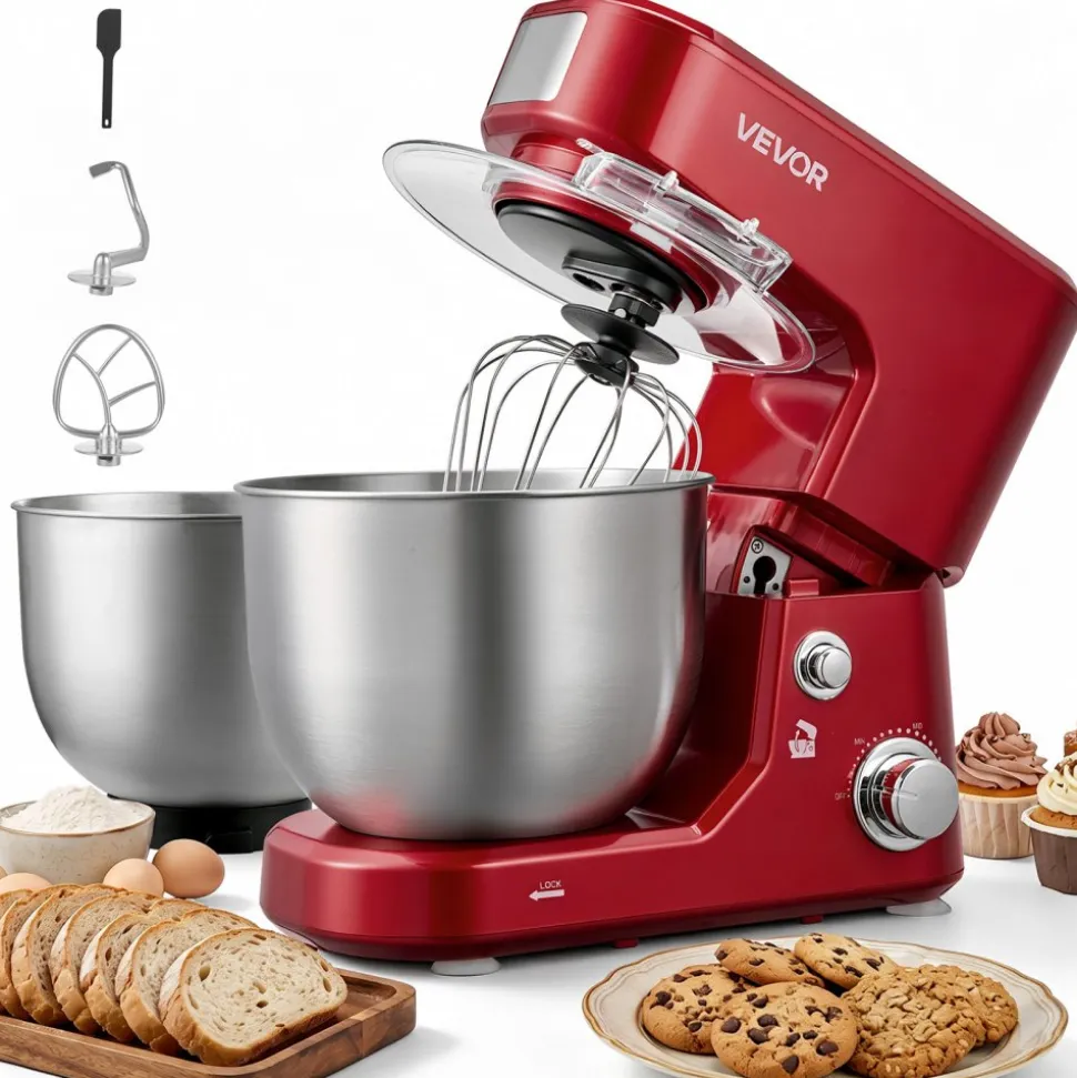 VEVOR 5.3+4.2 Qt Tilt Head Stand Mixer 400W Electric Dough Mixer, 3 Speeds Food Kitchen Mixer with Stainless Steel Bowl, Splash Guard, Dough Hook, Whisk, Beater, for Baking Mixing Whipping