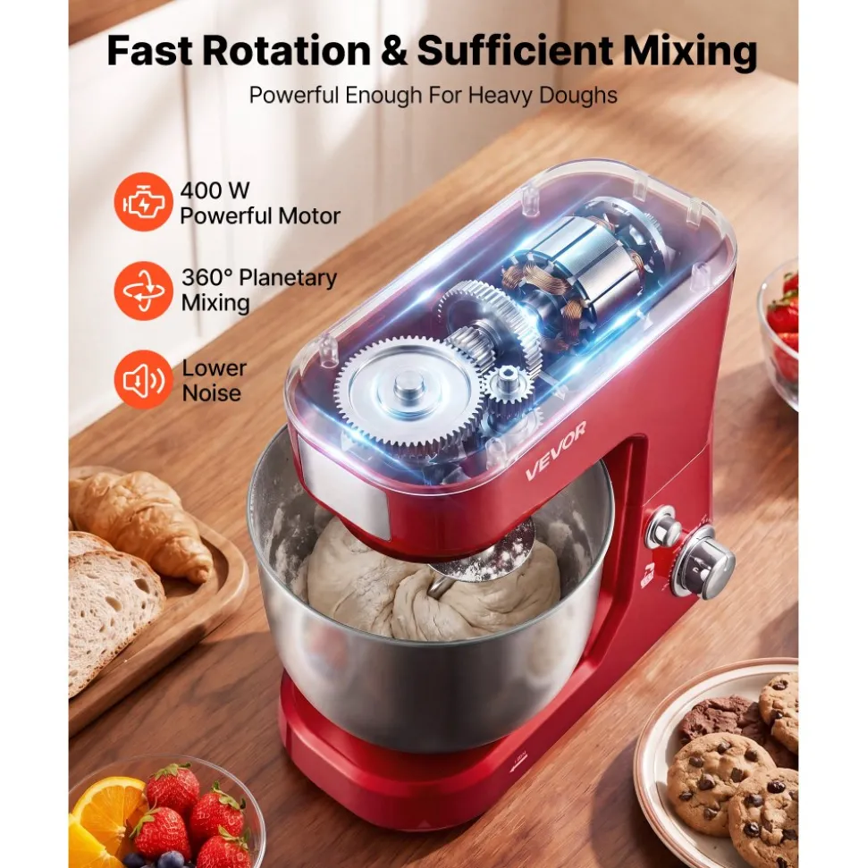 VEVOR 5.3+4.2 Qt Tilt Head Stand Mixer 400W Electric Dough Mixer, 3 Speeds Food Kitchen Mixer with Stainless Steel Bowl, Splash Guard, Dough Hook, Whisk, Beater, for Baking Mixing Whipping