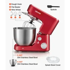 VEVOR 5.3+4.2 Qt Tilt Head Stand Mixer 400W Electric Dough Mixer, 3 Speeds Food Kitchen Mixer with Stainless Steel Bowl, Splash Guard, Dough Hook, Whisk, Beater, for Baking Mixing Whipping
