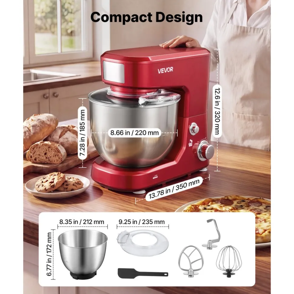 VEVOR 5.3+4.2 Qt Tilt Head Stand Mixer 400W Electric Dough Mixer, 3 Speeds Food Kitchen Mixer with Stainless Steel Bowl, Splash Guard, Dough Hook, Whisk, Beater, for Baking Mixing Whipping