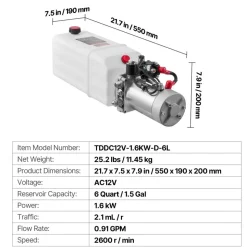 VEVOR 6 Quart Hydraulic Power Unit, Single Acting Dump Trailer Pump, 3200 PSI Max Relief Pressure & 0.91 GPM Flow Rate, DC 12V Hydraulic Pump with Metal Reservoir for Dump Trailer Car Lifting, White