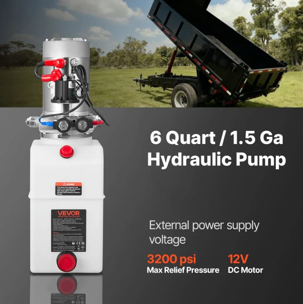 VEVOR 6 Quart Hydraulic Power Unit, Double Acting Dump Trailer Pump, 3200 PSI Max Relief Pressure & 0.91 GPM Flow Rate, DC 12V Hydraulic Pump with Metal Reservoir for Dump Trailer Car Lifting, White