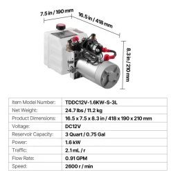 VEVOR 3 Quart Hydraulic Power Unit, Double Acting Dump Trailer Pump, 3200 PSI Max Relief Pressure & 0.91 GPM Flow Rate, DC 12V Hydraulic Pump with Metal Reservoir for Dump Trailer Car Lifting