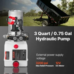 VEVOR 3 Quart Hydraulic Power Unit, Double Acting Dump Trailer Pump, 3200 PSI Max Relief Pressure & 0.91 GPM Flow Rate, DC 12V Hydraulic Pump with Metal Reservoir for Dump Trailer Car Lifting