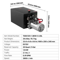 VEVOR 20 Quart Hydraulic Power Unit, Double Acting Dump Trailer Pump, 3200 PSI Max Relief Pressure & 0.91 GPM Flow Rate, DC 12V Hydraulic Pump with Metal Reservoir for Dump Trailer Car Lifting