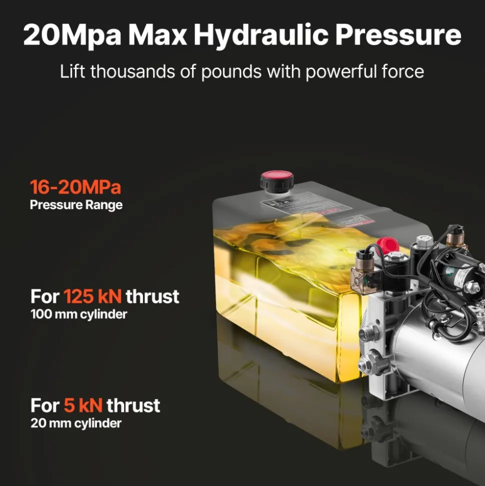 VEVOR 6 Quart Hydraulic Power Unit, Double Acting Dump Trailer Pump, 3200 PSI Max Relief Pressure & 0.91 GPM Flow Rate, DC 12V Hydraulic Pump with Metal Reservoir for Dump Trailer Car Lifting