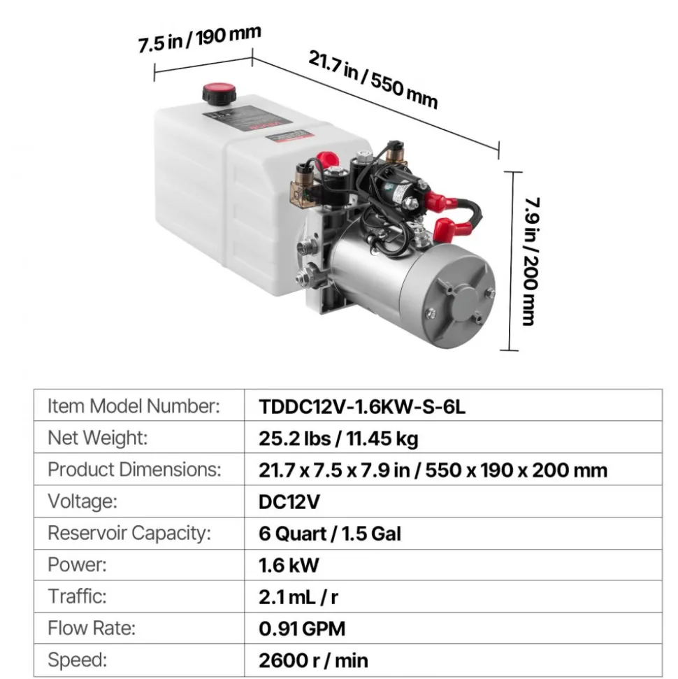VEVOR 6 Quart Hydraulic Power Unit, Double Acting Dump Trailer Pump, 3200 PSI Max Relief Pressure & 0.91 GPM Flow Rate, DC 12V Hydraulic Pump with Metal Reservoir for Dump Trailer Car Lifting