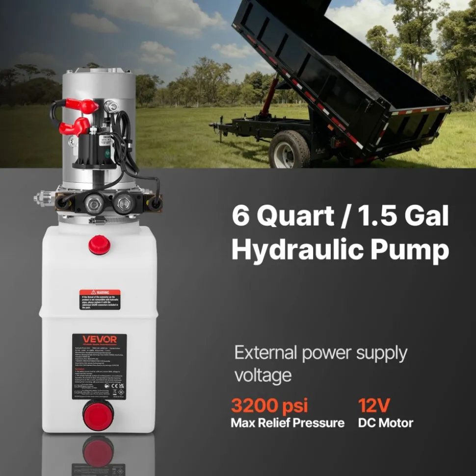 VEVOR 6 Quart Hydraulic Power Unit, Double Acting Dump Trailer Pump, 3200 PSI Max Relief Pressure & 0.91 GPM Flow Rate, DC 12V Hydraulic Pump with Metal Reservoir for Dump Trailer Car Lifting