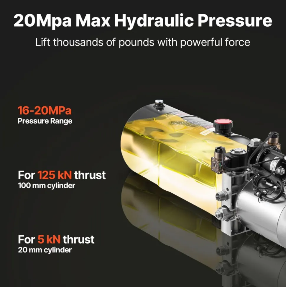 VEVOR 8 Quart Hydraulic Power Unit, Double Acting Dump Trailer Pump, 3200 PSI Max Relief Pressure & 0.91 GPM Flow Rate, DC 12V Hydraulic Pump with Metal Reservoir for Dump Trailer Car Lifting