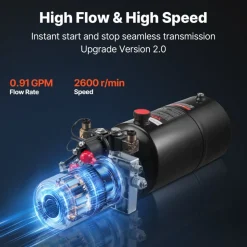VEVOR 8 Quart Hydraulic Power Unit, Double Acting Dump Trailer Pump, 3200 PSI Max Relief Pressure & 0.91 GPM Flow Rate, DC 12V Hydraulic Pump with Metal Reservoir for Dump Trailer Car Lifting
