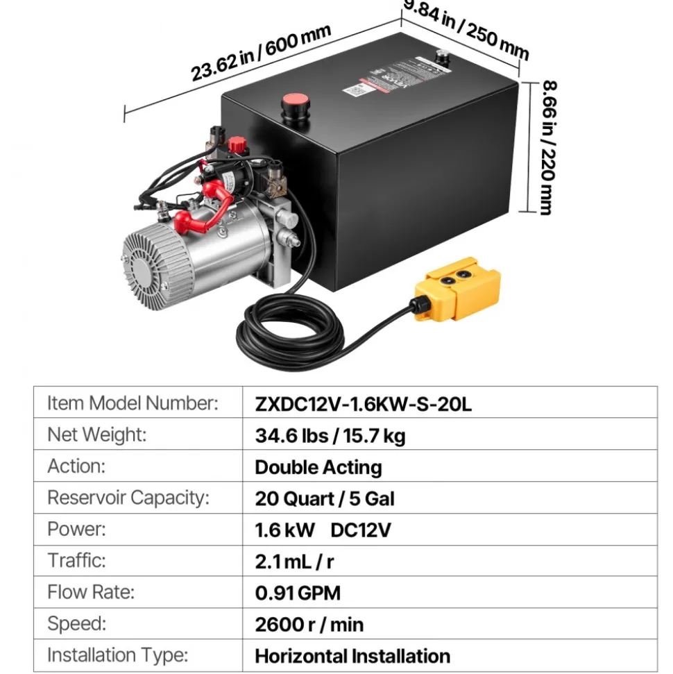 VEVOR 20 Quart Hydraulic Pump, Double Acting Dump Trailer Pump, 3200PSI Max Relief Pressure, 0.91 GPM Flow Rate, DC12V 1.6KW Hydraulic Power Unit for Dump Trailer Car Lifting (Horizontal Installation)