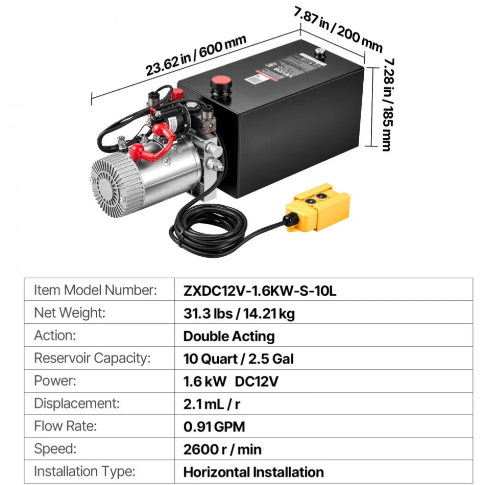 VEVOR 10 Quart Hydraulic Pump, Double Acting Hydraulic Trailer Pump, 3200PSI Max Relief Pressure, 0.91GPM Flow Rate, DC12V 1.6KW Power Unit for Dump Trailer Car Lifting (Horizontal Installation)