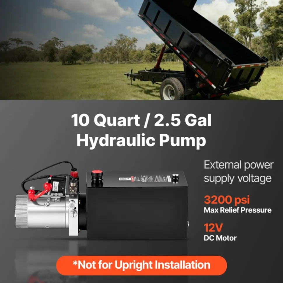VEVOR 10 Quart Hydraulic Pump, Double Acting Hydraulic Trailer Pump, 3200PSI Max Relief Pressure, 0.91GPM Flow Rate, DC12V 1.6KW Power Unit for Dump Trailer Car Lifting (Horizontal Installation)