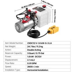 VEVOR 3 Quart Hydraulic Pump, Double Acting Dump Trailer Pump, 3200PSI Max Relief Pressure & 0.91 GPM Flow Rate, DC12V 1.6KW Hydraulic Power Unit for Dump Trailer Car Lifting (Horizontal Installation)