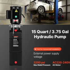 VEVOR 15 Quart Hydraulic Pump, 2.2KW Hydraulic Motor Dump Trailer Pump Single Acting, 3200 PSI Max Relief Pressure, 1.7 GPM Flow Rate, AC220-240V Hydraulic Power Unit Car Lift (Vertical Installation)