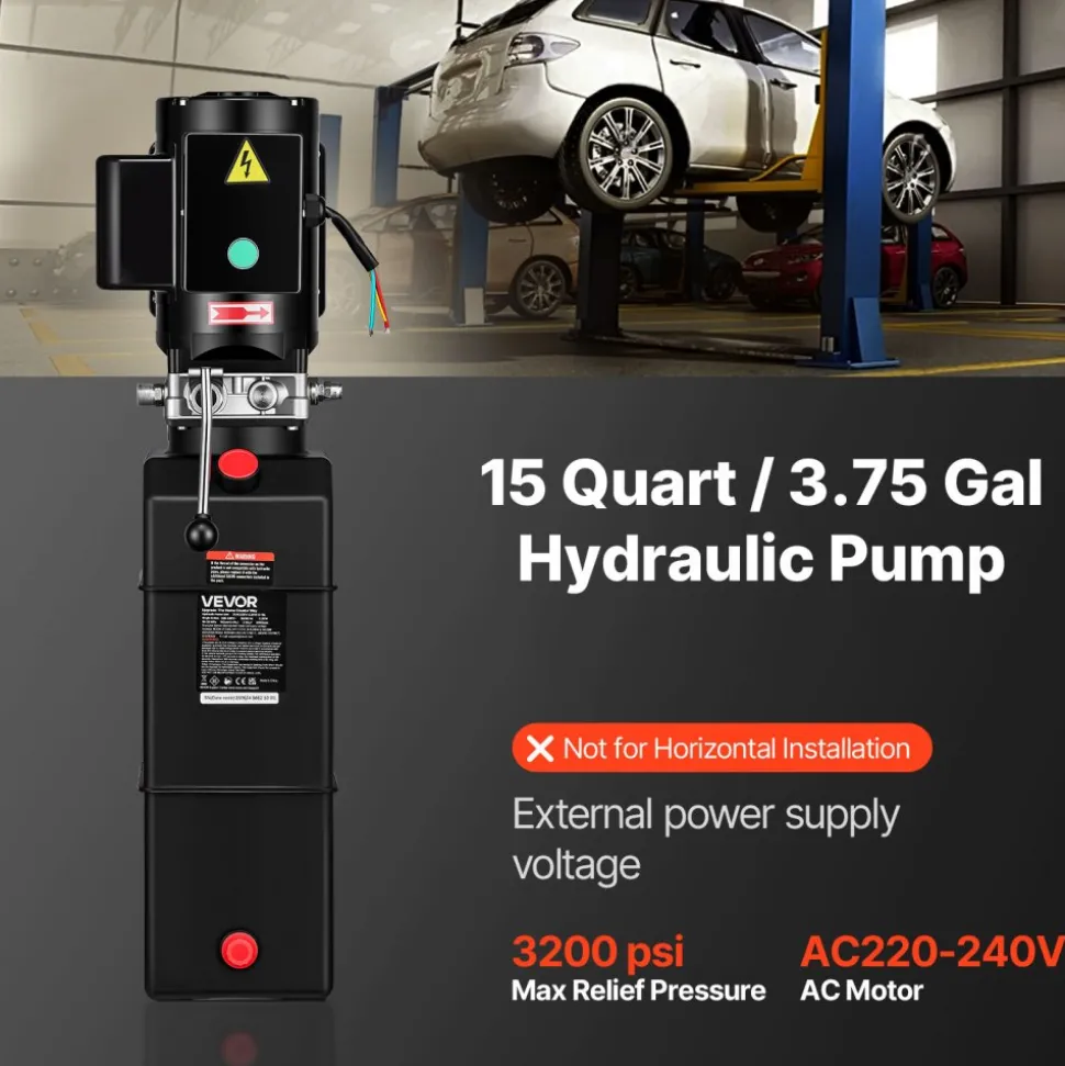 VEVOR 15 Quart Hydraulic Pump, 2.2KW Hydraulic Motor Dump Trailer Pump Single Acting, 3200 PSI Max Relief Pressure, 1.7 GPM Flow Rate, AC220-240V Hydraulic Power Unit Car Lift (Vertical Installation)