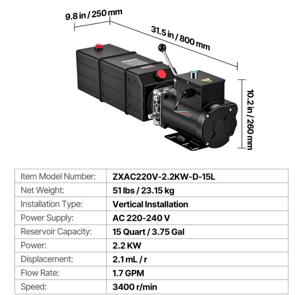 VEVOR 15 Quart Hydraulic Pump, 2.2KW Hydraulic Motor Dump Trailer Pump Single Acting, 3200 PSI Max Relief Pressure, 1.7 GPM Flow Rate, AC220-240V Hydraulic Power Unit Car Lift (Vertical Installation)