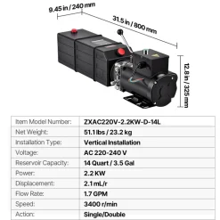 VEVOR 14 Quart Hydraulic Pump, 2.2KW Hydraulic Dump Trailer Pump Single Acting, 3200 PSI Max Relief Pressure, 1.7 GPM Flow Rate, AC220-240V Hydraulic Power Unit Car Lift (Vertical Installation)