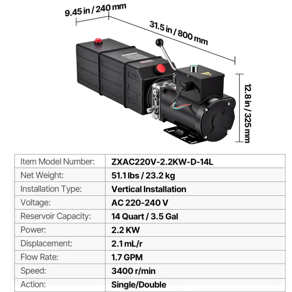 VEVOR 14 Quart Hydraulic Pump, 2.2KW Hydraulic Dump Trailer Pump Single Acting, 3200 PSI Max Relief Pressure, 1.7 GPM Flow Rate, AC220-240V Hydraulic Power Unit Car Lift (Vertical Installation)