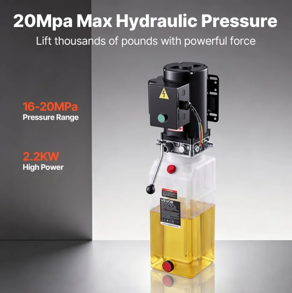 VEVOR 15 Quart Hydraulic Pump, 2.2KW Hydraulic Dump Trailer Pump Single Acting, 3200 PSI Max Relief Pressure, 1.7 GPM Flow Rate, AC220-240V Hydraulic Power Unit Car Lift (Vertical Installation)