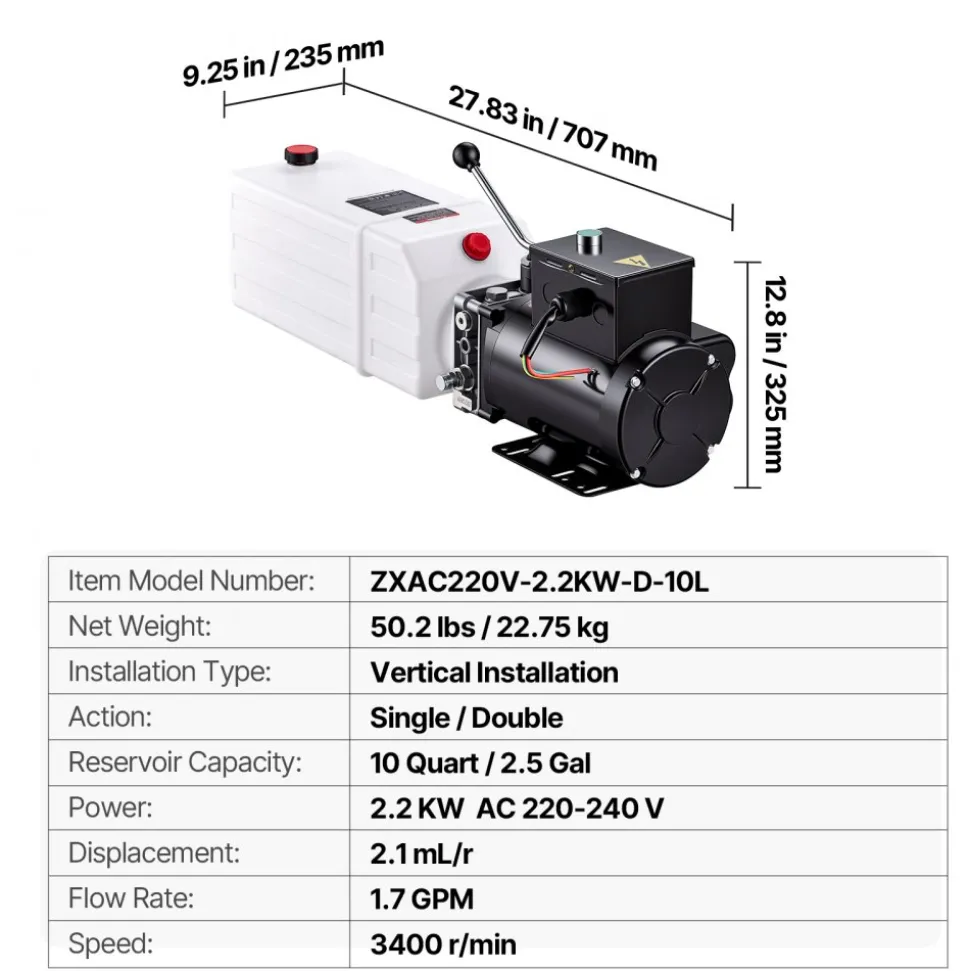 VEVOR 15 Quart Hydraulic Pump, 2.2KW Hydraulic Dump Trailer Pump Single Acting, 3200 PSI Max Relief Pressure, 1.7 GPM Flow Rate, AC220-240V Hydraulic Power Unit Car Lift (Vertical Installation)