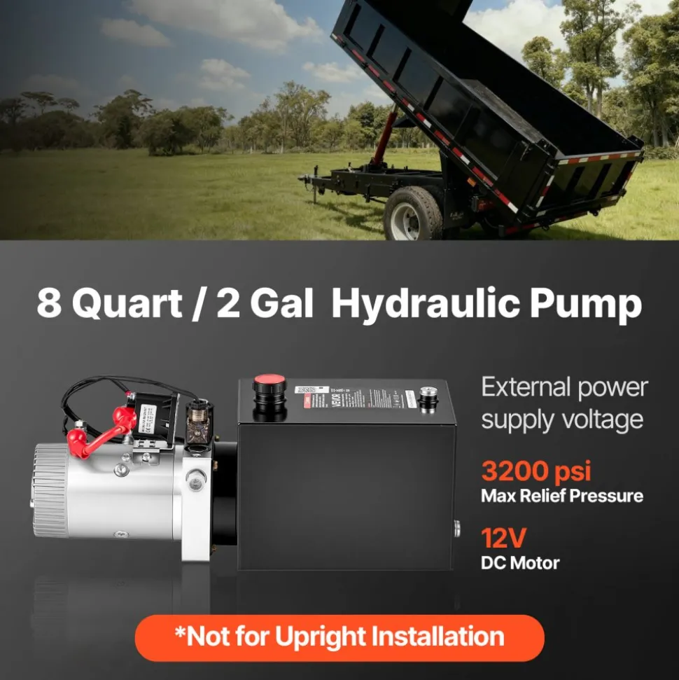 VEVOR 8 Quart Hydraulic Pump, Single Acting Hydraulic Power Unit, 3200 PSI Max Relief Pressure, 0.91 GPM Flow Rate, DC12V 1.6KW Power Unit for Dump Trailer Car Lifting (Horizontal Installation)