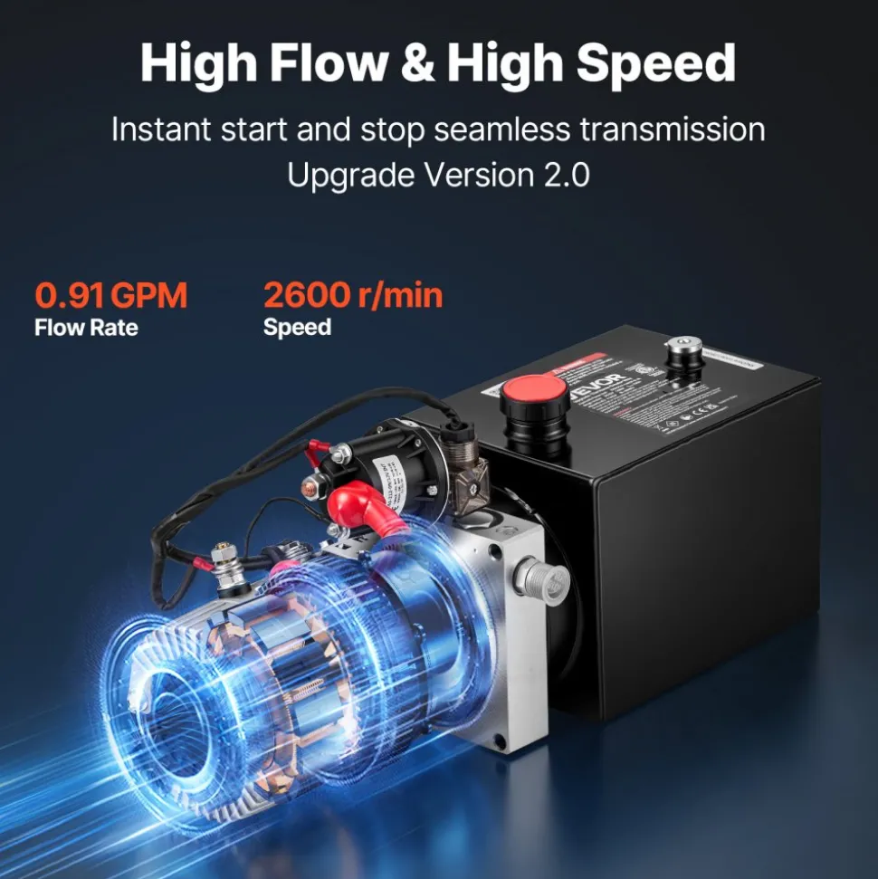 VEVOR 4 Quart Hydraulic Pump, Single Acting Hydraulic Power Unit, 3200 PSI Max Relief Pressure, 0.91 GPM Flow Rate, DC12V 1.6KW Power Unit for Dump Trailer Car Lifting (Horizontal Installation)