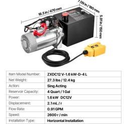 VEVOR 4 Quart Hydraulic Pump, Single Acting Hydraulic Power Unit, 3200 PSI Max Relief Pressure, 0.91 GPM Flow Rate, DC12V 1.6KW Power Unit for Dump Trailer Car Lifting (Horizontal Installation)