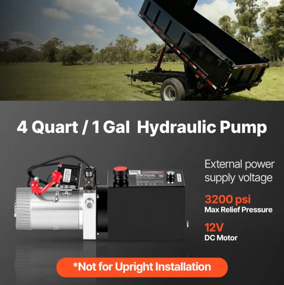 VEVOR 4 Quart Hydraulic Pump, Single Acting Hydraulic Power Unit, 3200 PSI Max Relief Pressure, 0.91 GPM Flow Rate, DC12V 1.6KW Power Unit for Dump Trailer Car Lifting (Horizontal Installation)