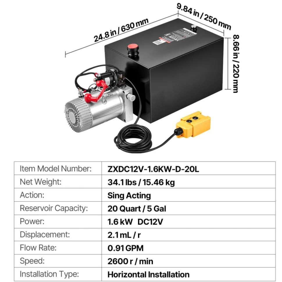 VEVOR 20 Quart Hydraulic Pump, Single Acting Hydraulic Power Unit, 3200 PSI Max Relief Pressure, 0.91 GPM Flow Rate, DC12V 1.6KW Power Unit for Dump Trailer Car Lifting (Horizontal Installation)