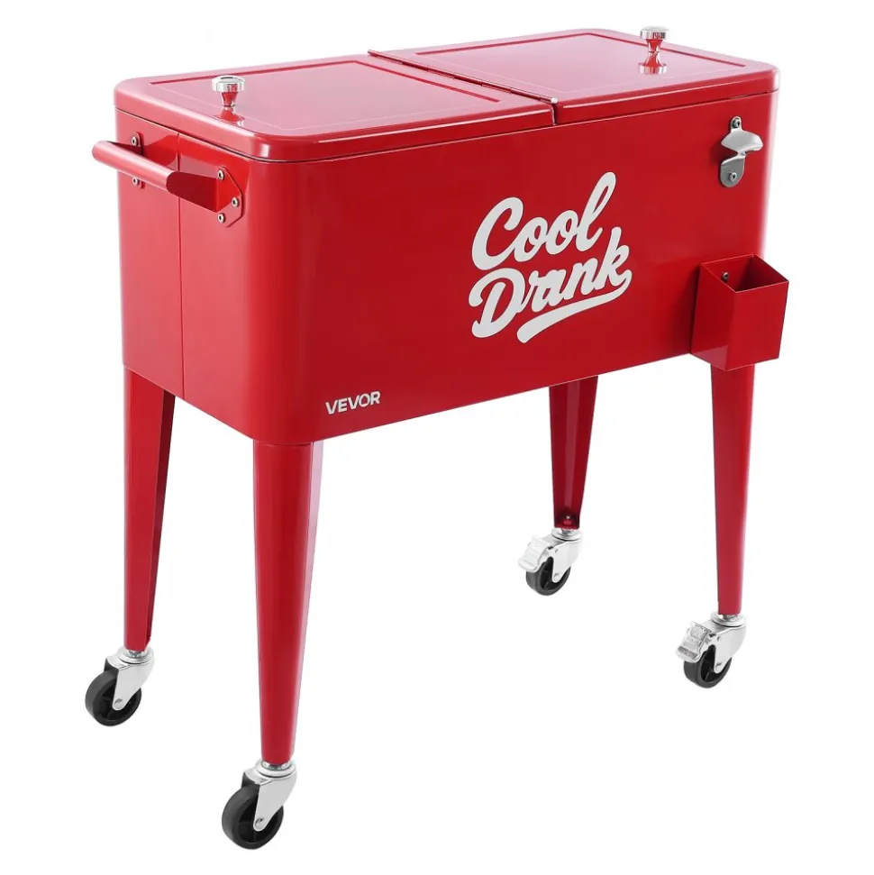 VEVOR 80 Quart Rolling Ice Chest, Holds up to 50 Bottles / 110 Cans, Portable Patio Party Bar Drink Cooler Cart with 4 Swivel Casters (2 with Brakes), Beverage Cooler Trolley with Bottle Opener, Red