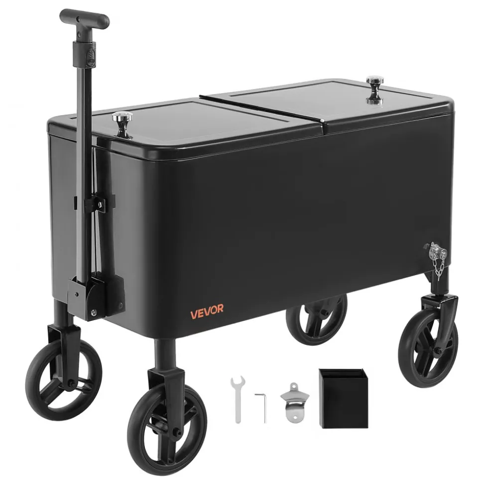 VEVOR 80 Quart Rolling Ice Chest Cart, with 2-Stage Telescopic Pull Handle and 2 Swivel Casters, Portable Table Beach Patio Party Bar Cold Drink Beverage, Outdoor Park Cart on Wheels, Black