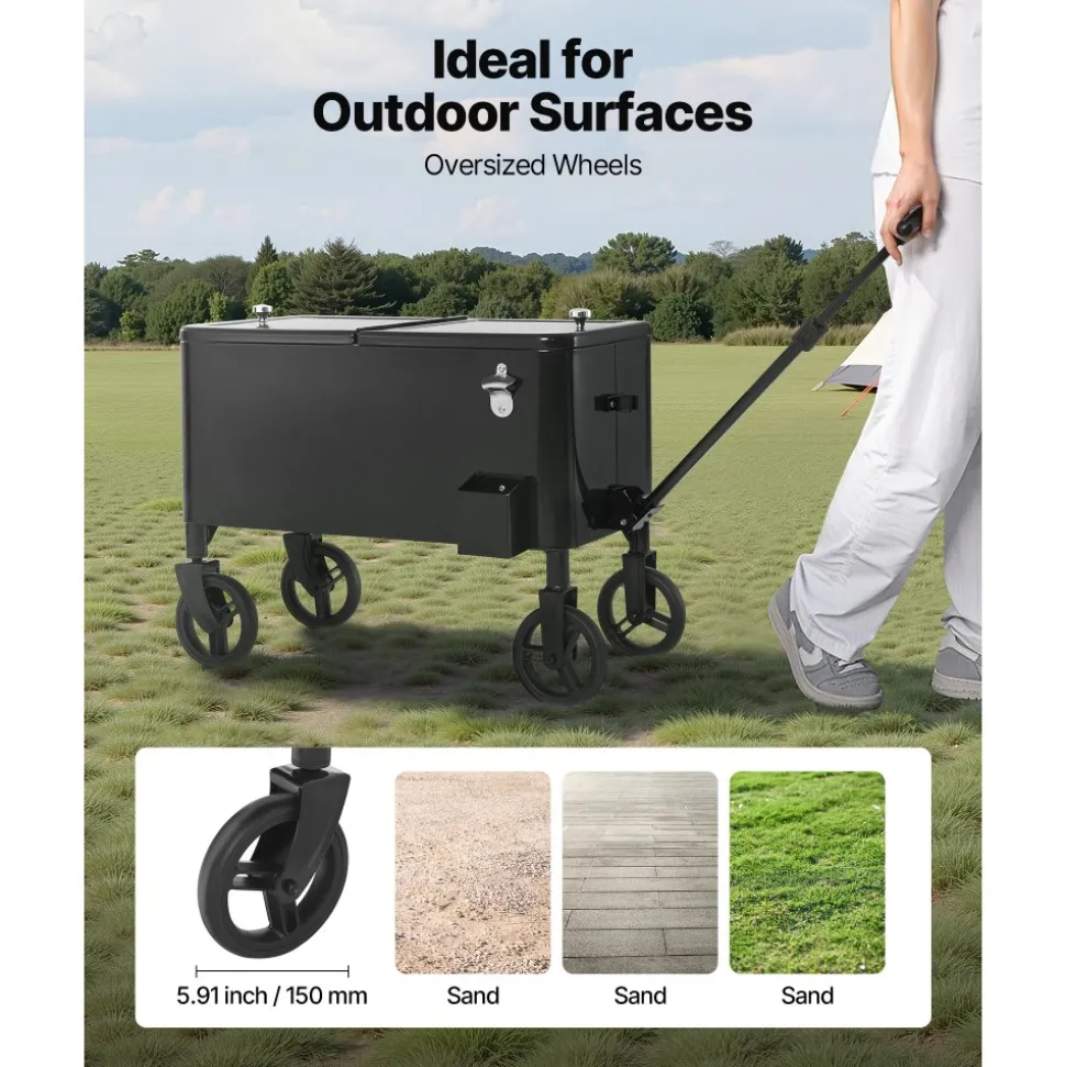 VEVOR 80 Quart Rolling Ice Chest Cart, with 2-Stage Telescopic Pull Handle and 2 Swivel Casters, Portable Table Beach Patio Party Bar Cold Drink Beverage, Outdoor Park Cart on Wheels, Black