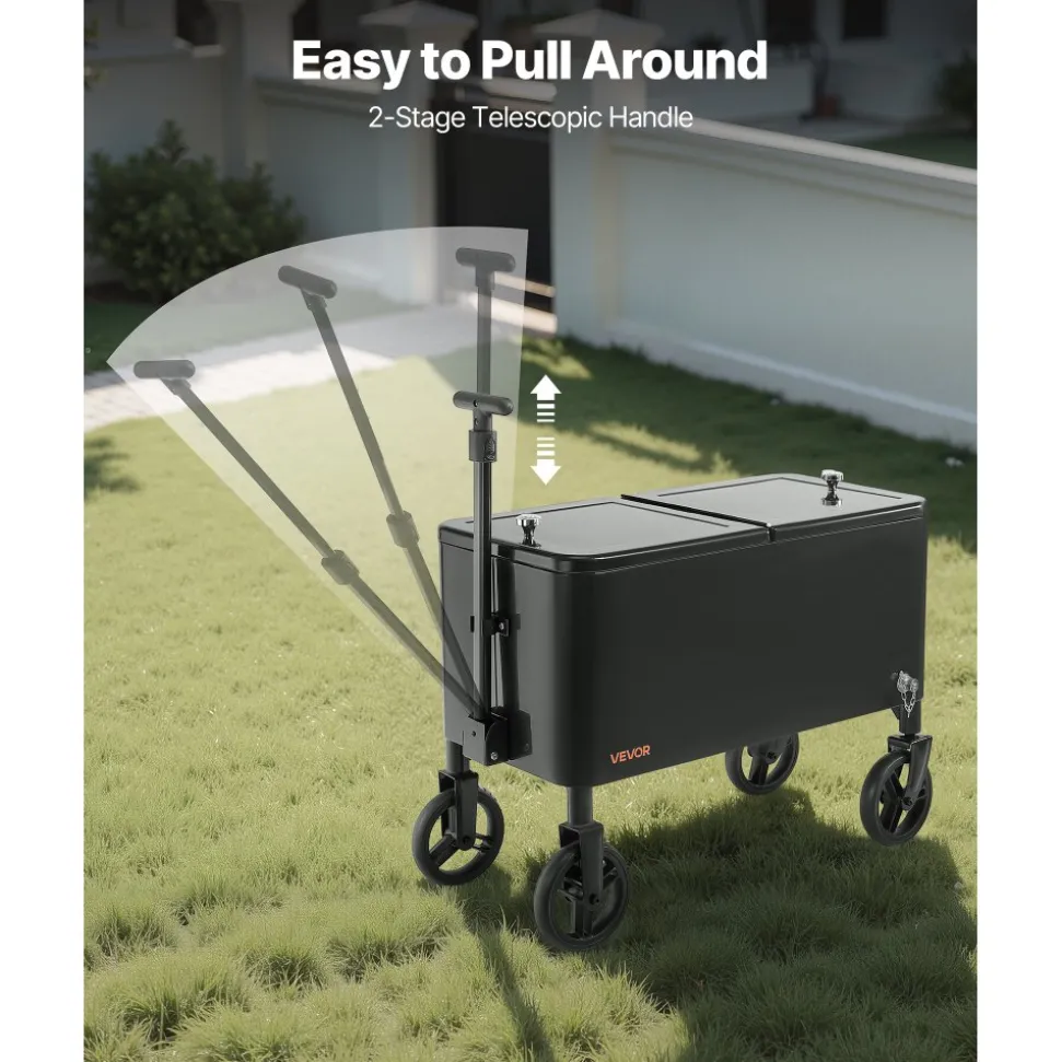 VEVOR 80 Quart Rolling Ice Chest Cart, with 2-Stage Telescopic Pull Handle and 2 Swivel Casters, Portable Table Beach Patio Party Bar Cold Drink Beverage, Outdoor Park Cart on Wheels, Black