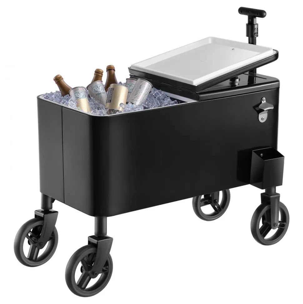 VEVOR 80 Quart Rolling Ice Chest Cart, with 2-Stage Telescopic Pull Handle and 2 Swivel Casters, Portable Table Beach Patio Party Bar Cold Drink Beverage, Outdoor Park Cart on Wheels, Black