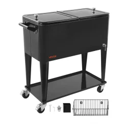 VEVOR 80 Quart Rolling Ice Chest, Holds up to 50 Bottles / 110 Cans, Portable Patio Party Bar Drink Cooler Cart with Bottom Shelf, Beverage Pool with Side Basket and Bottle Opener, Black