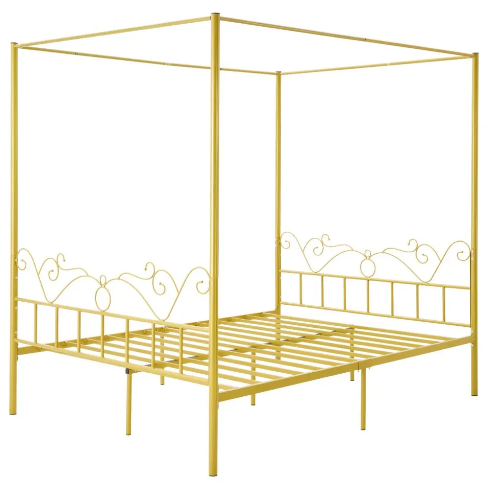 VEVOR Queen Size Canopy Bed Frame, Metal Canopy Bed with Minimalist Headboard & Four Posters Design, Heavy Duty Steel Slats Support, Underbed Storage Space, No Box Spring Needed, Easy Assembly, Gold